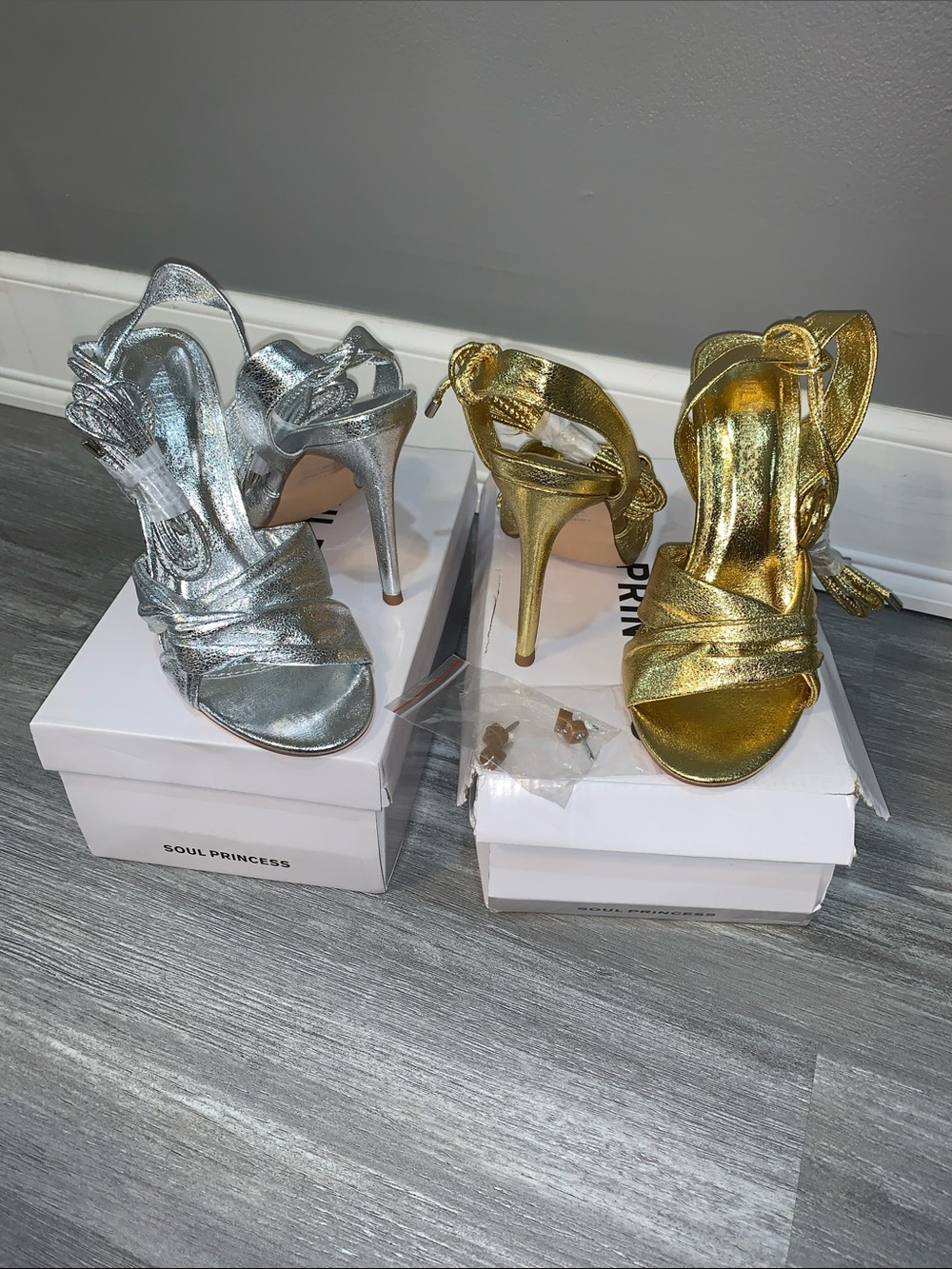 Metallic Strappy High Heel Sandals - Gold and Silver tie up genuine leather